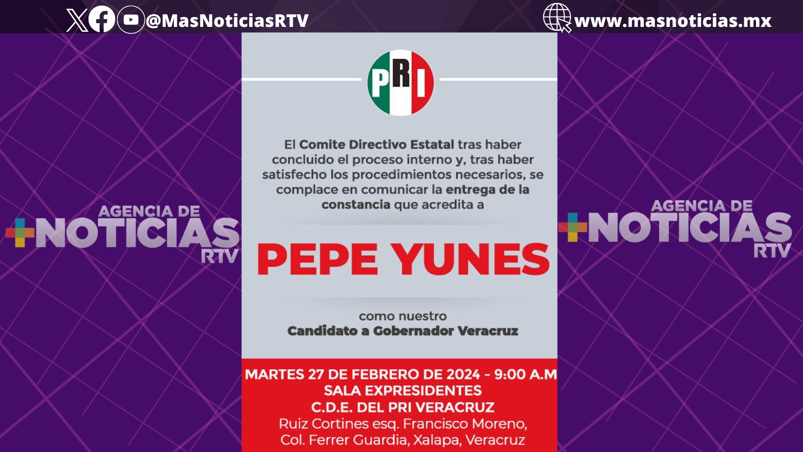 PRI entregará constancia a José Yunes Zorrilla como candidato a la gubernatura, este martes