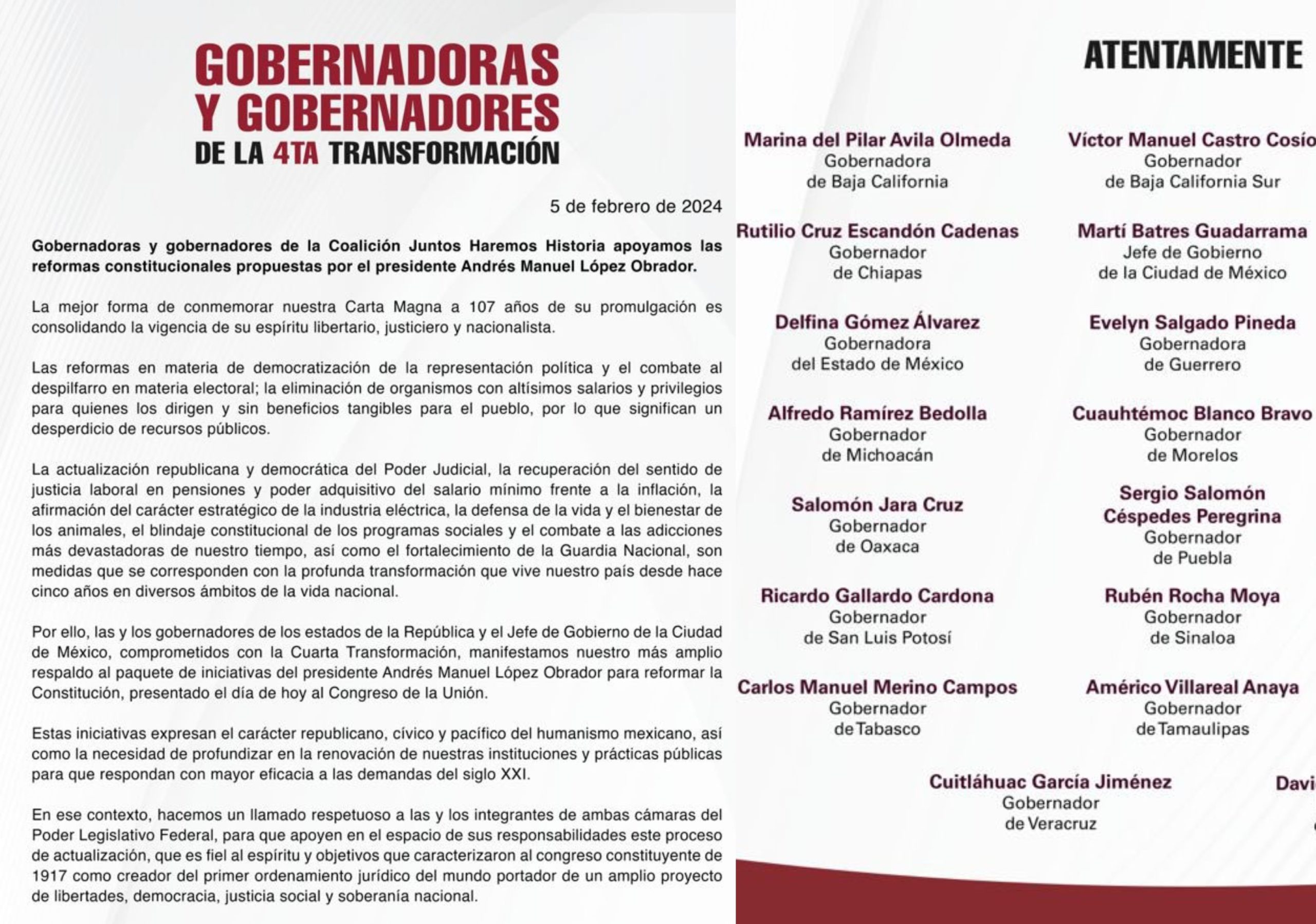 Respaldan gobernadores, gobernadoras y jefe de gobierno de CDMX las reformas constitucionales propuestas por el presidente