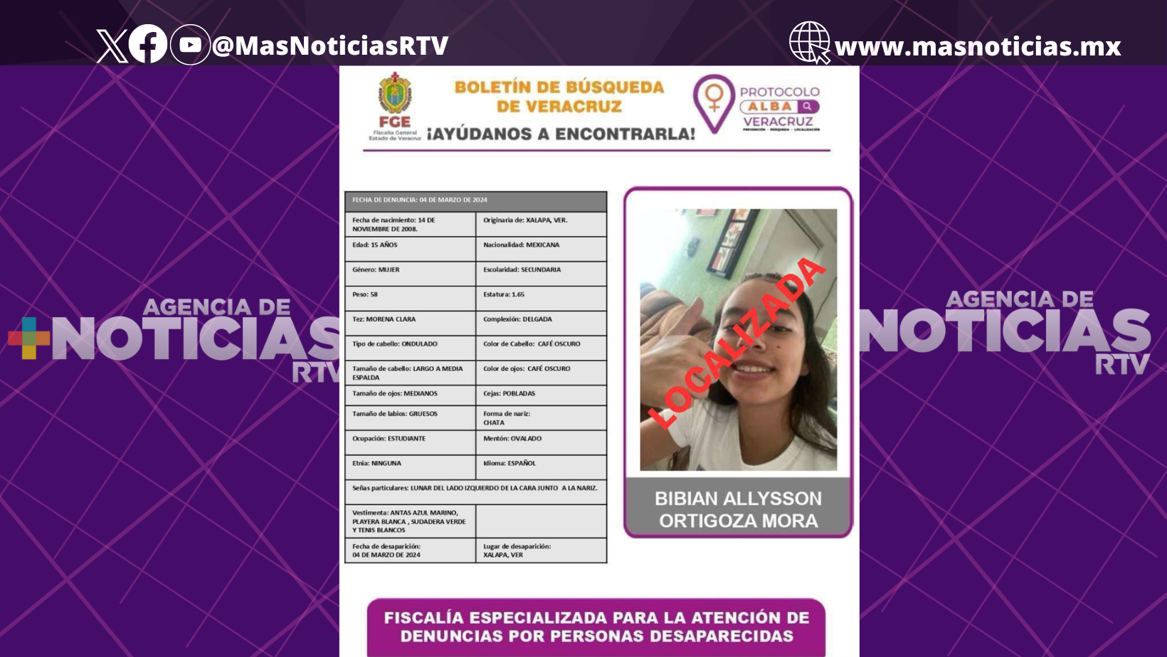 FGE localiza a menor reportada como no localizada en Xalapa