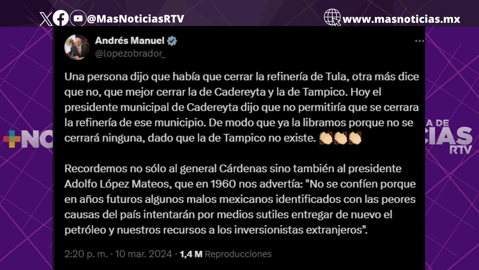 «Ya la libramos», no se cerrarán refinerías de Cadereyta ni de Tampico porque no existe: AMLO