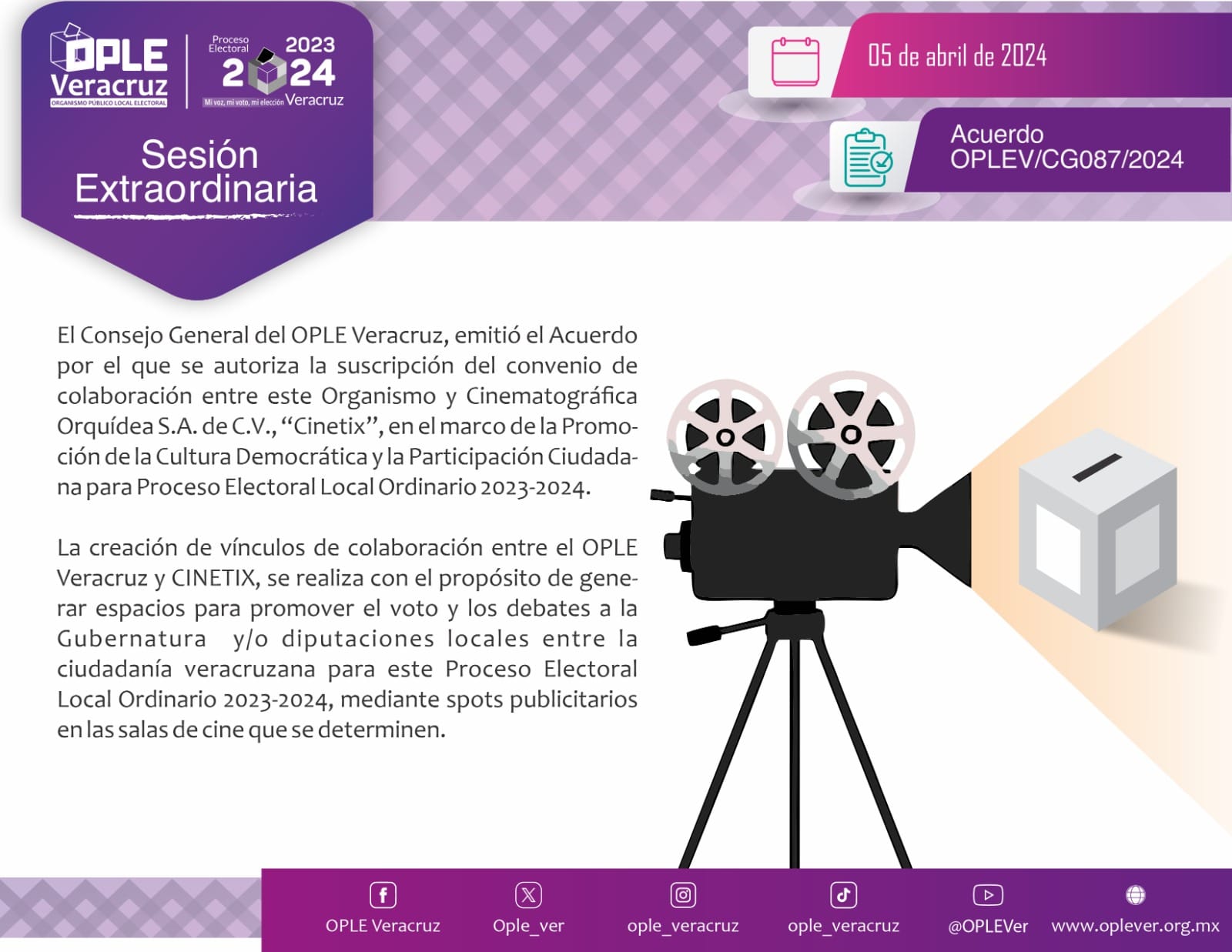 OPLE Veracruz y Cinetix firman convenio de colaboración