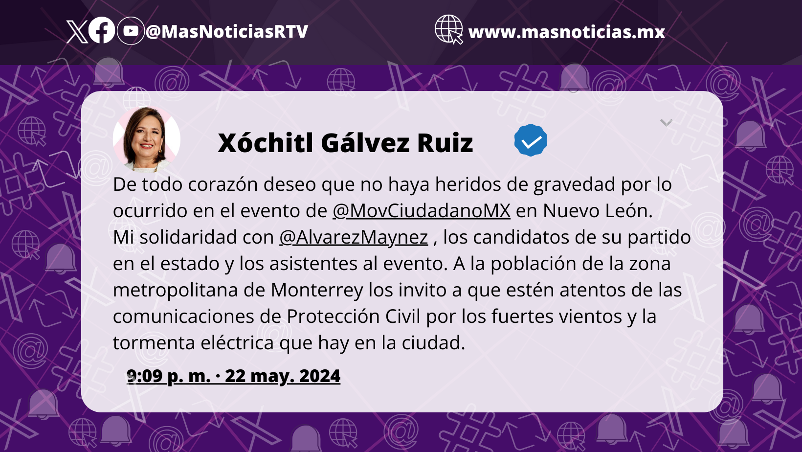 Xóchitl Gálvez se solidariza con Álvarez Máynez y militancia de MC tras colapso de templete en Nuevo León