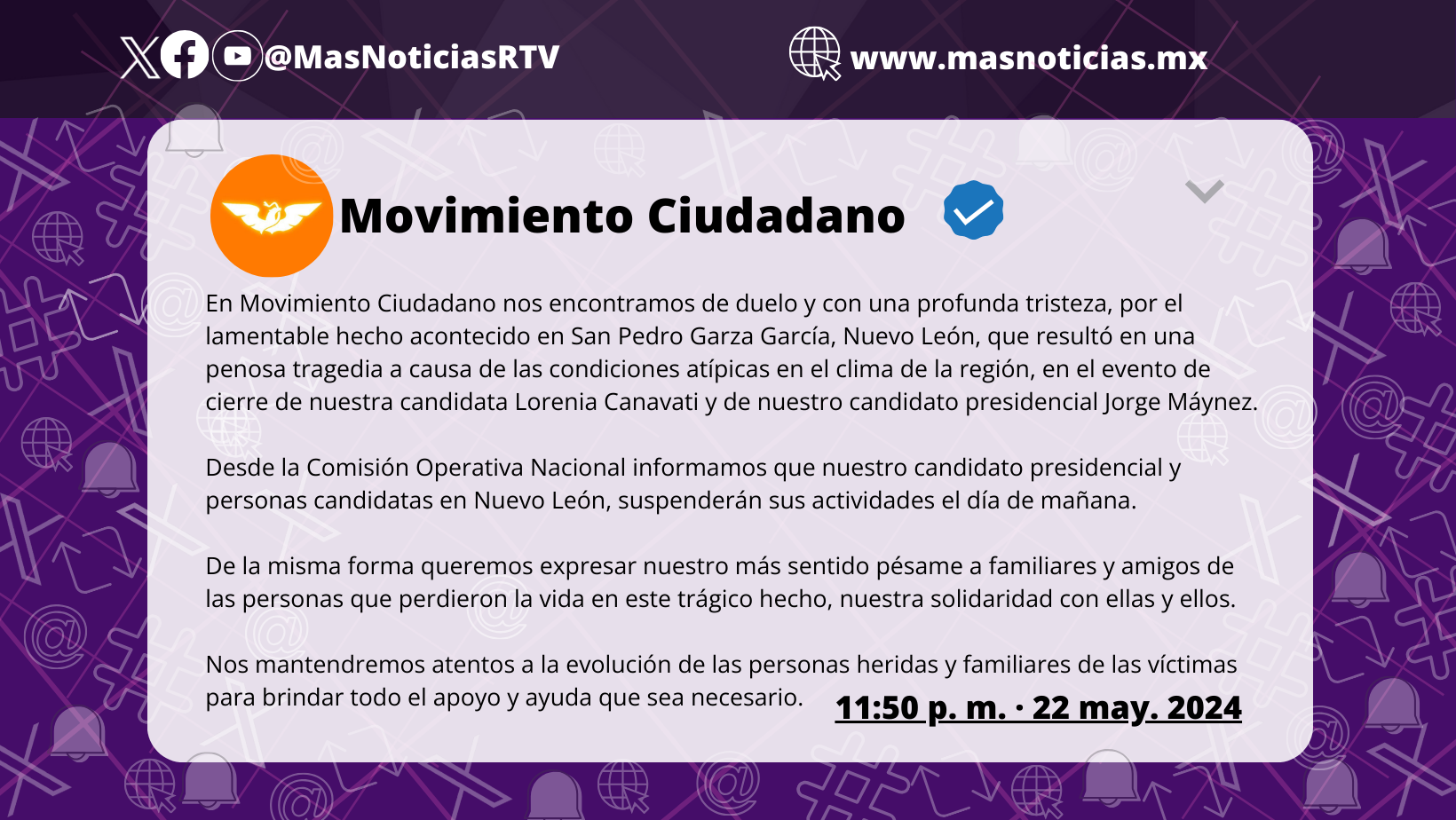 MC lamenta acontecimientos en Nuevo León, a través de un comunicado emite su postura