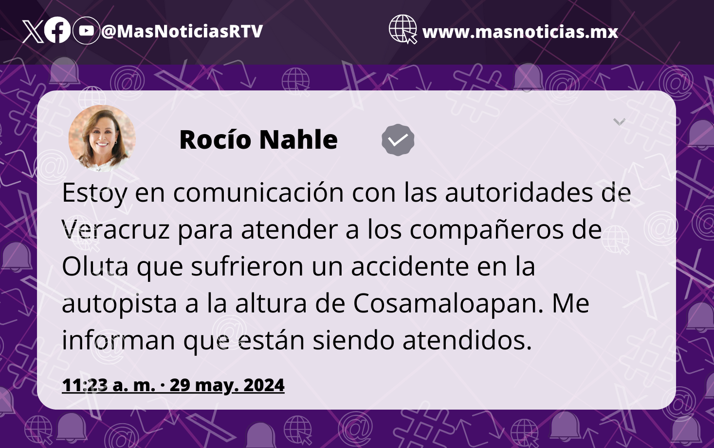 Rocío Nahle lamenta accidente automovilístico de morenistas veracruzanos