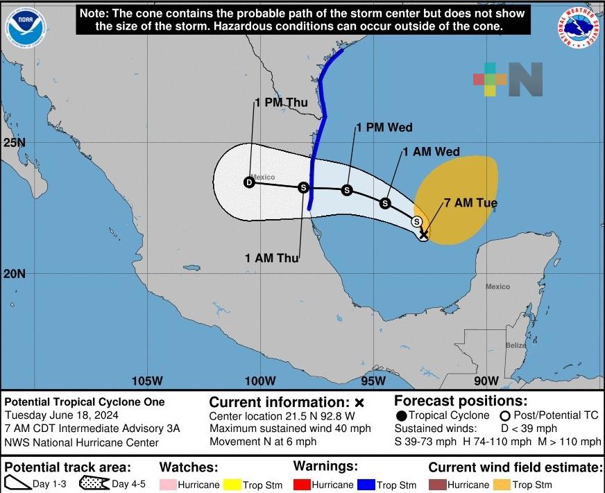 Potencial Ciclón Tropical «UNO» se localiza al este-sureste de La Pesca, Tamaulipas