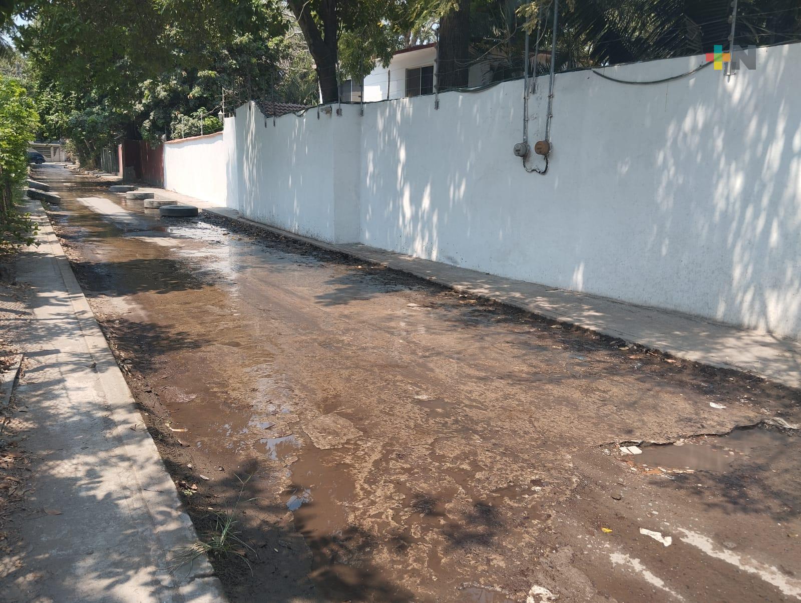 Calle en malas condiciones por aguas negras en colonia Tarimoya de Veracruz