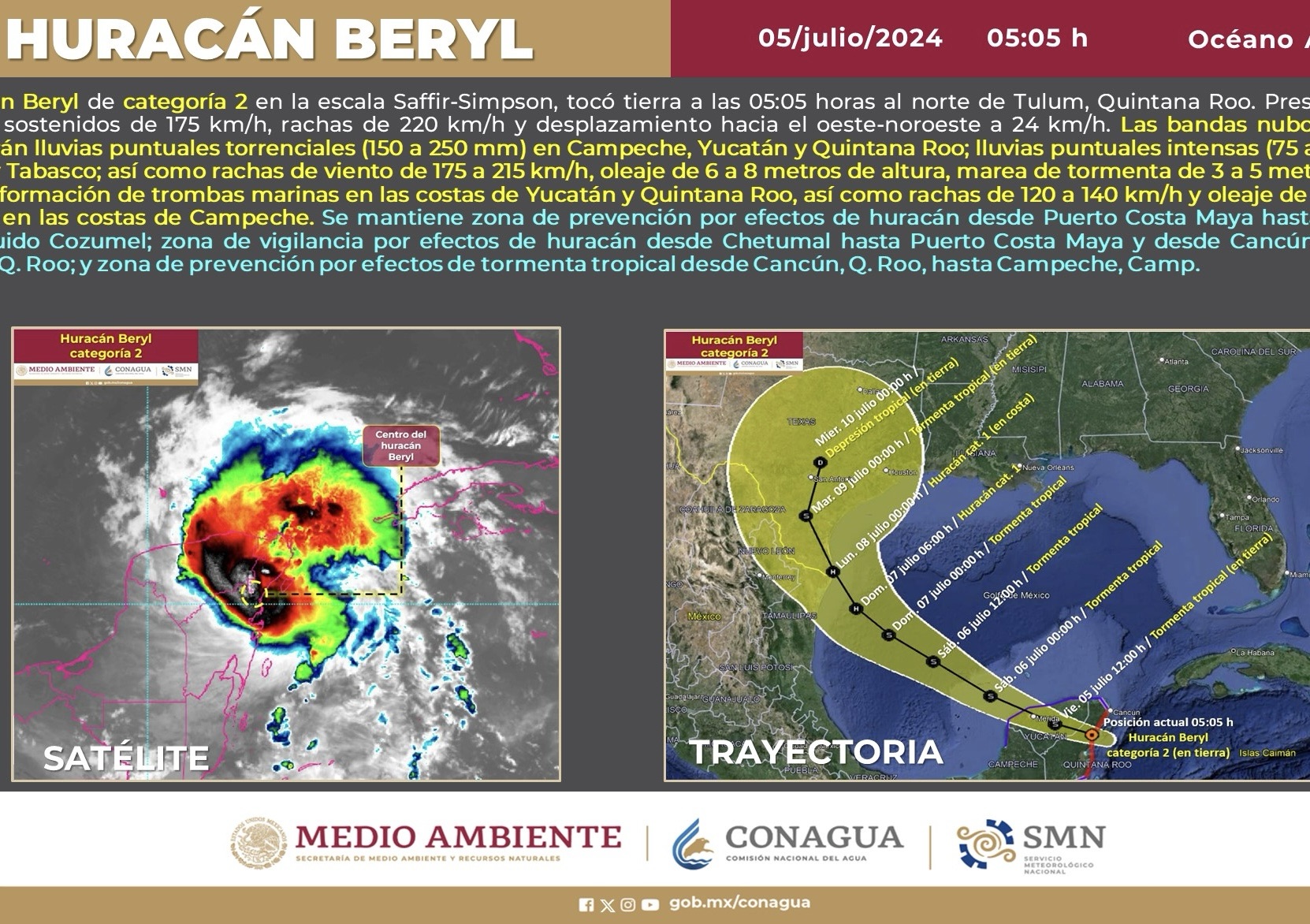 Huracán “Beryl” en categoría 2 tocó tierra al norte de Tulum a las 05:05 horas