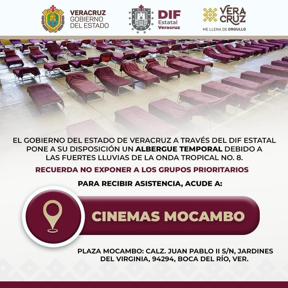 Gobierno estatal activa albergue temporal en Cinemas Mocambo, de Boca del Río