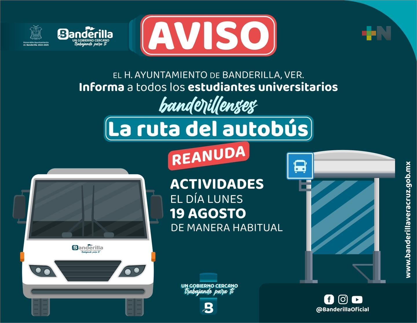 Reanuda actividades transporte público gratuito para universitarios de Banderilla