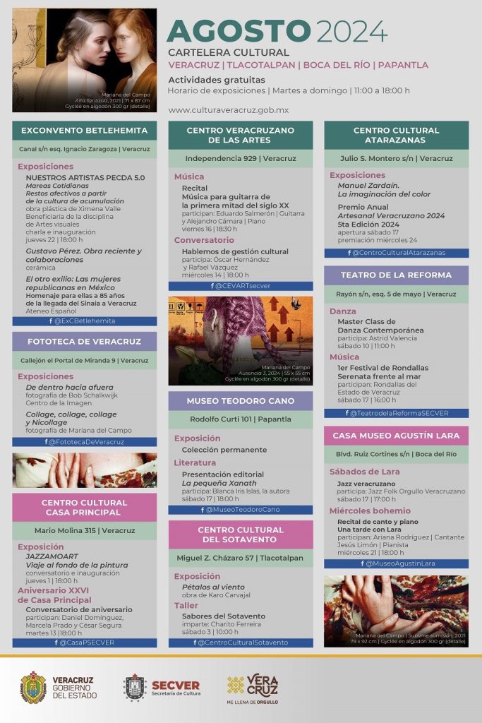 Invita Secver a las actividades durante agosto en recintos culturales de Veracruz, Boca, Papantla y Tlacotalpan