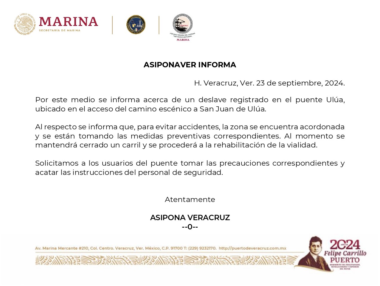 Por deslave en puente Ulúa, ASIPONAVER atiende y coordina la vialidad en la zona