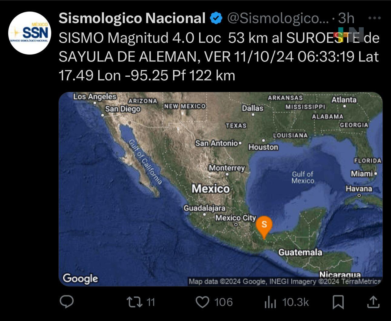 Sismo de magnitud 4.0 al suroeste de Sayula de Alemán, Veracruz
