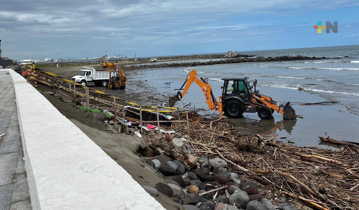En Veracruz puerto, maquinarias pesadas trabajan en limpieza de playas