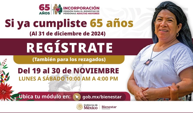 Quedan dos días para registro a Pensión de Adultos Mayores de 65 años o más al 31 de diciembre
