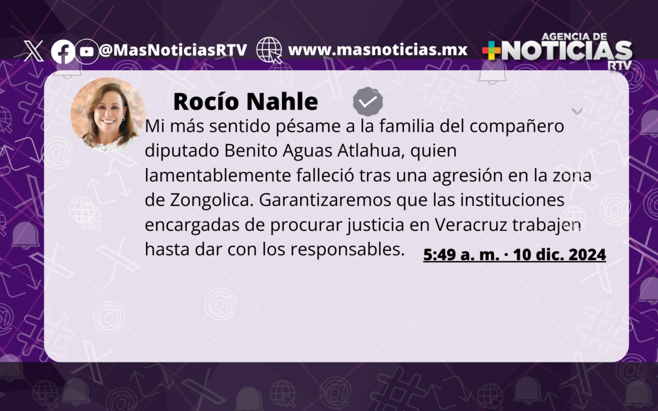 Homicidio del diputado Benito Aguas no quedará en impunidad: Rocío Nahle