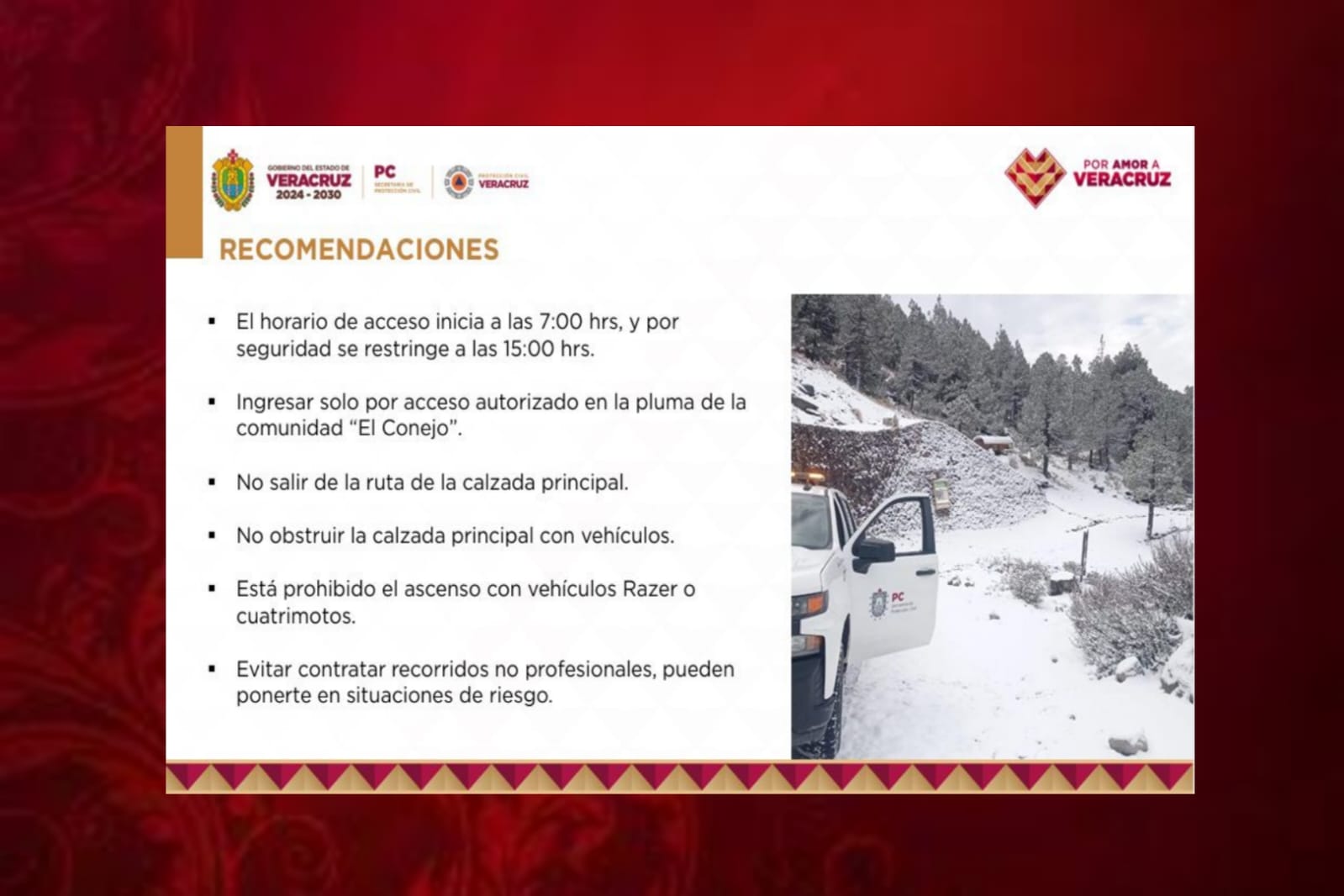 Plan operativo por nevada en el cofre de Perote; emite PC medidas