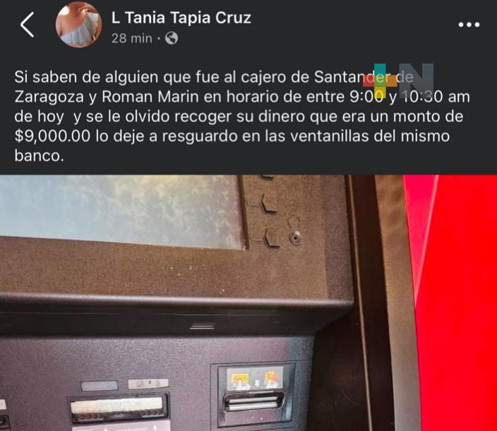 Honesta ciudadana de Coatza devuelve nueve mil pesos encontrados en cajero automático