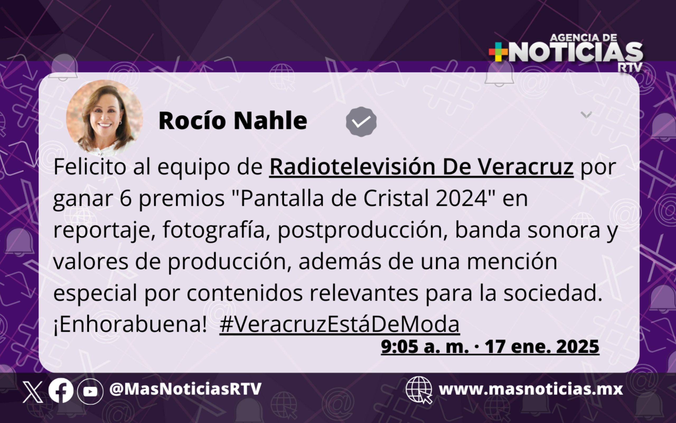 Felicita Rocío Nahle a RTV por premios Pantalla de Cristal