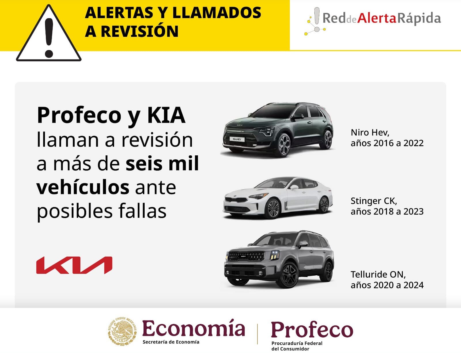 Profeco y KIA llaman a revisión a más de seis mil vehículos ante posibles fallas
