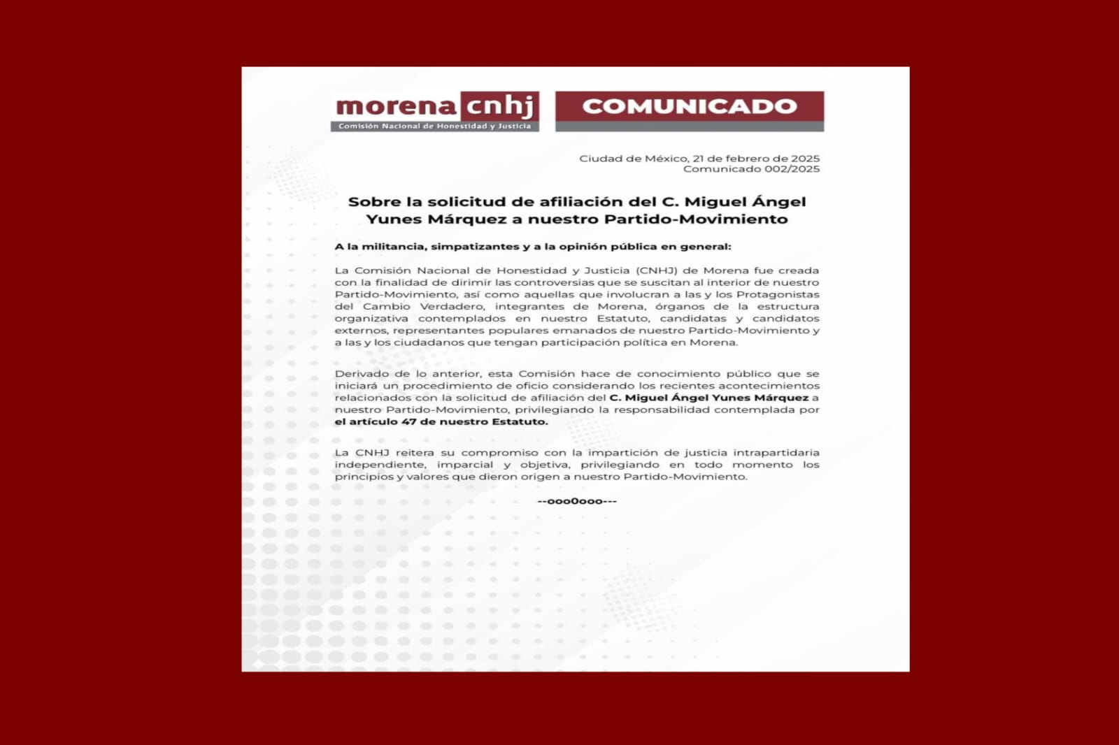 Se pronuncia Comisión Nacional de Honestidad y Justicia de Morena ante solicitud de afiliación de Miguel Ángel Yunes Márquez