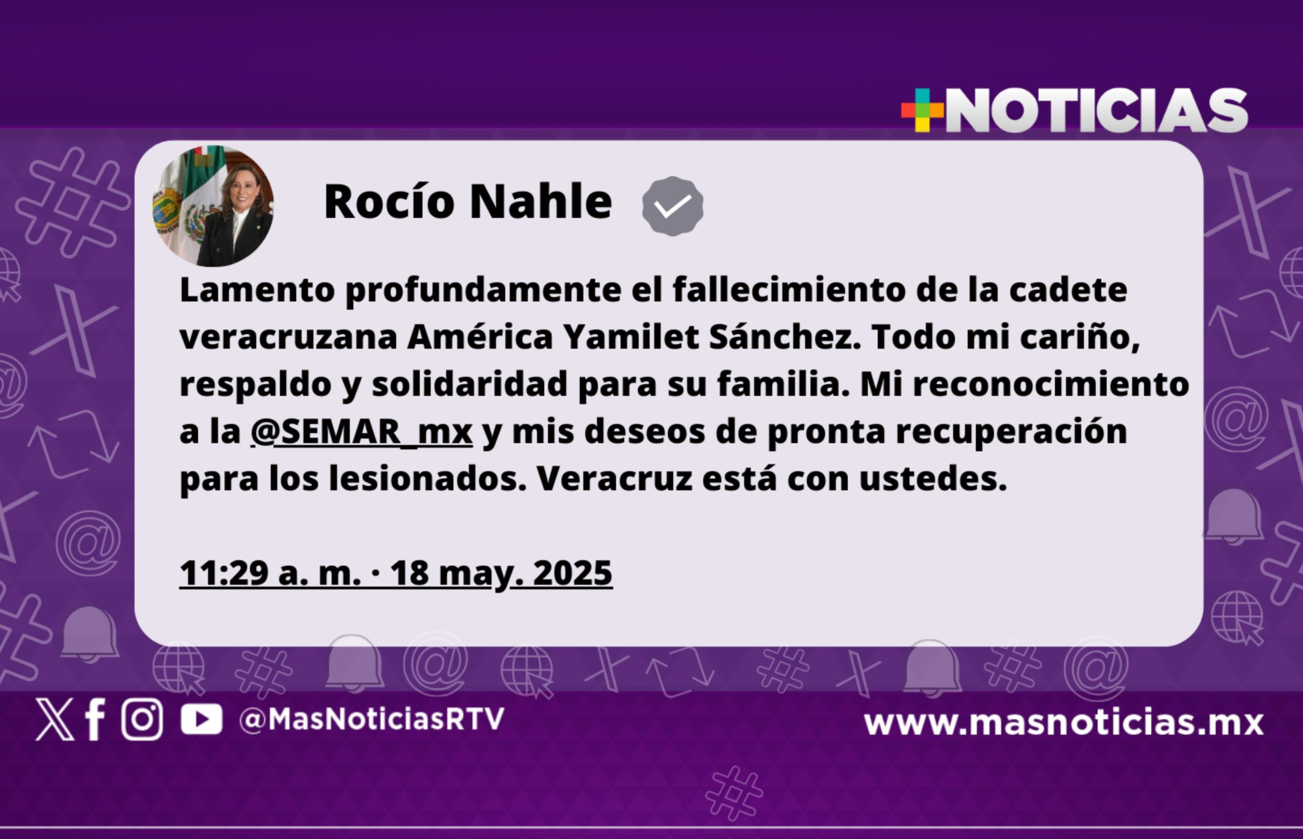 Gobernadora Rocío Nahle lamenta fallecimiento de cadete América Yamileth