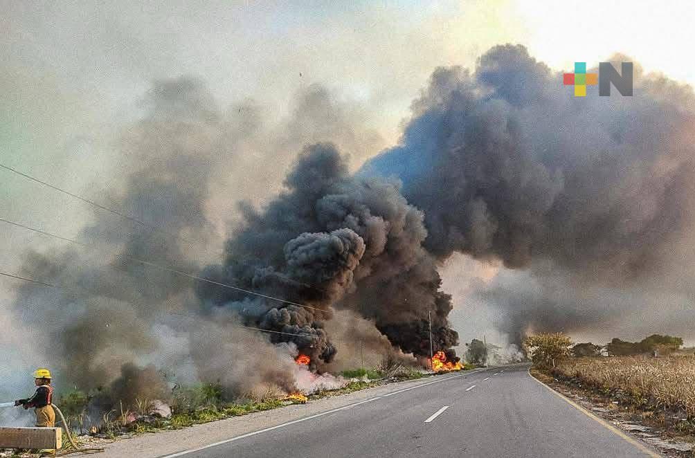 Incendio de pastizales se registra en carretera Coatzacoalcos-Minatitlán