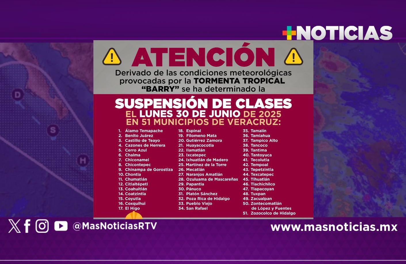 Suspensión de clases en 51 municipios de Veracruz este lunes por tormenta tropical “Barry”