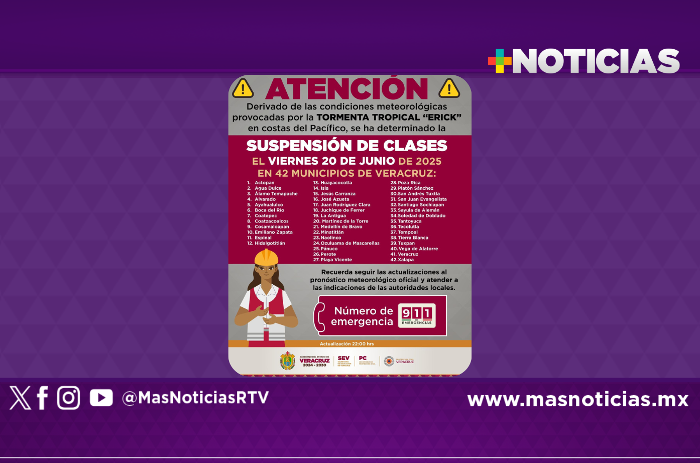 Sube a 42 los municipios con suspensión de clases este viernes por efectos de Erick