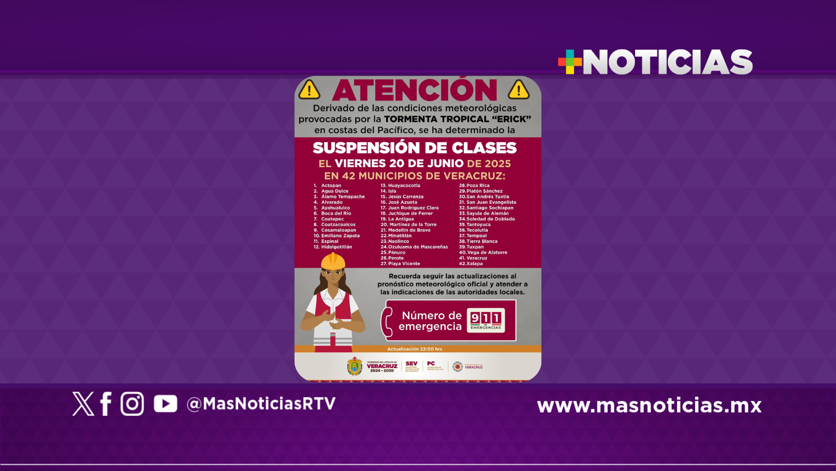 Sube a 42 los municipios con suspensión de clases este viernes por efectos de Erick