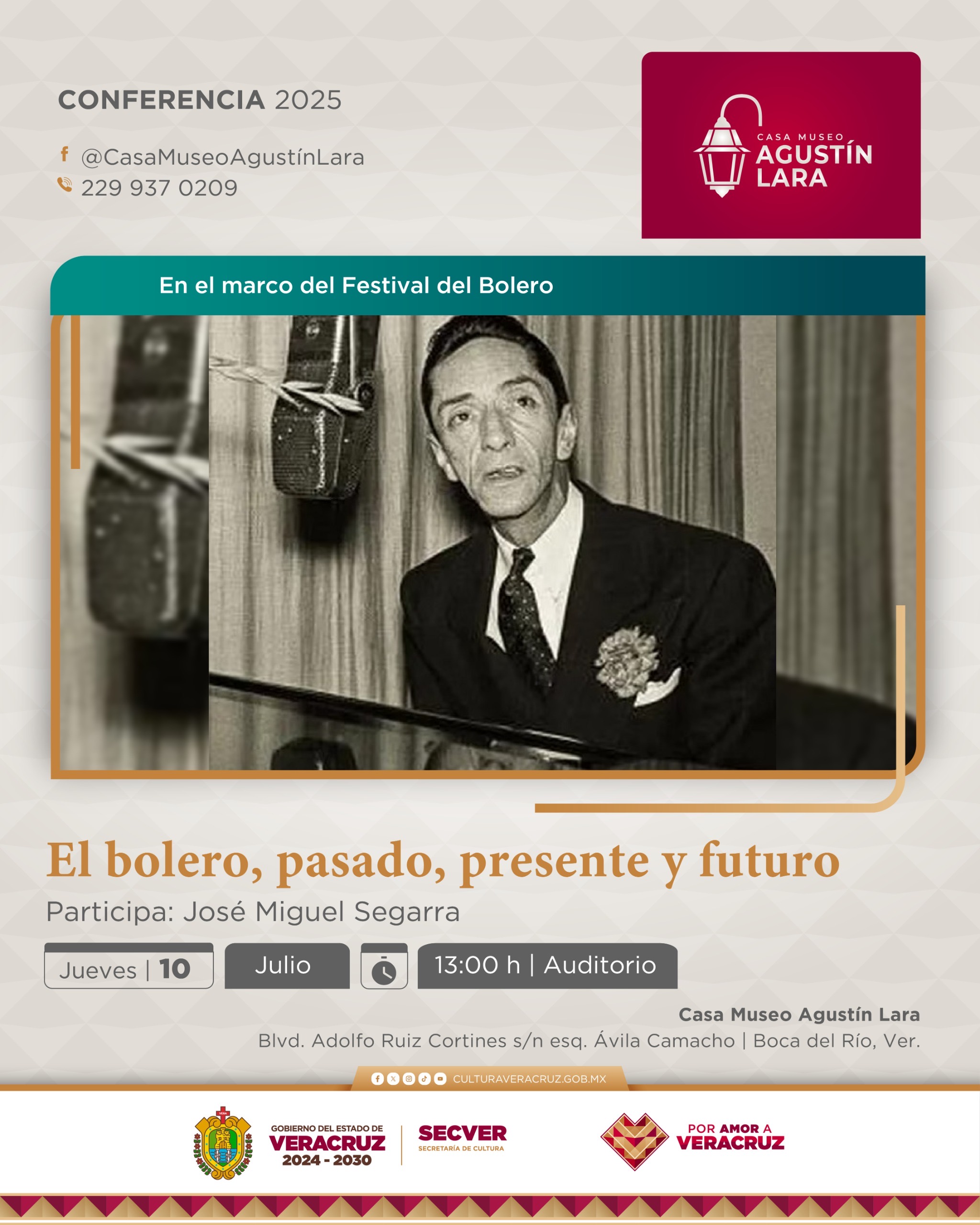 Presentará SECVER conferencia de bolero en Casa Museo Agustín Lara