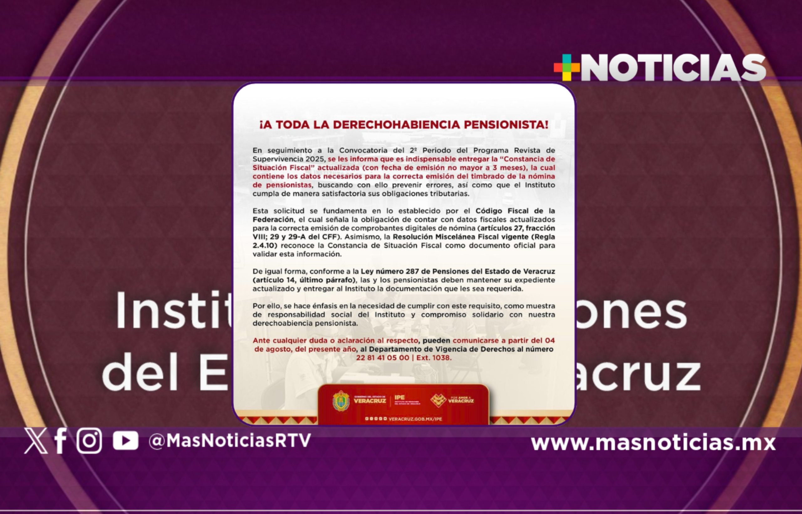 Pensionados del IPE deberán presentar constancia de situación fiscal