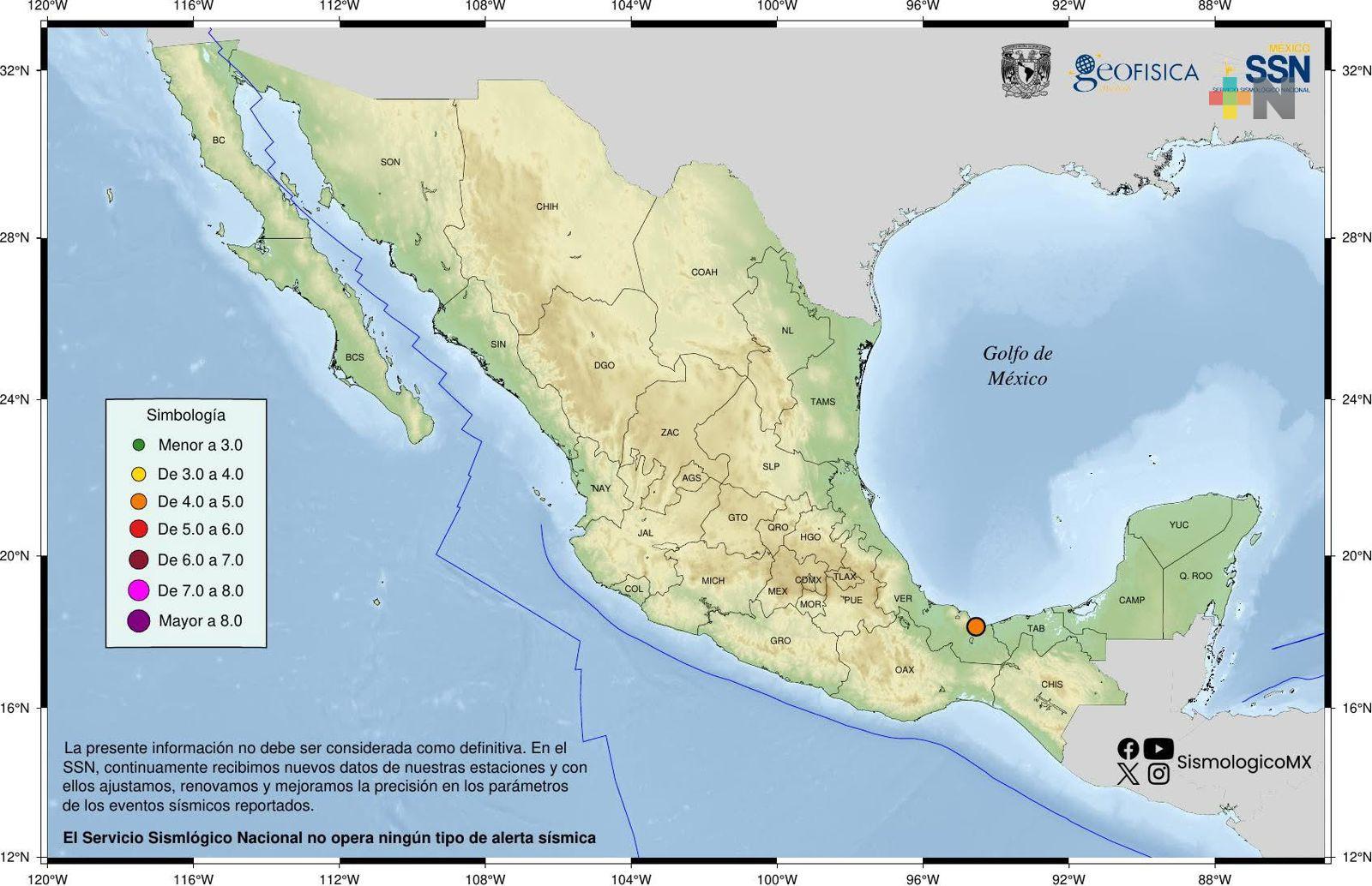 Se registró sismo de magnitud 4.2  en Coatzacoalcos