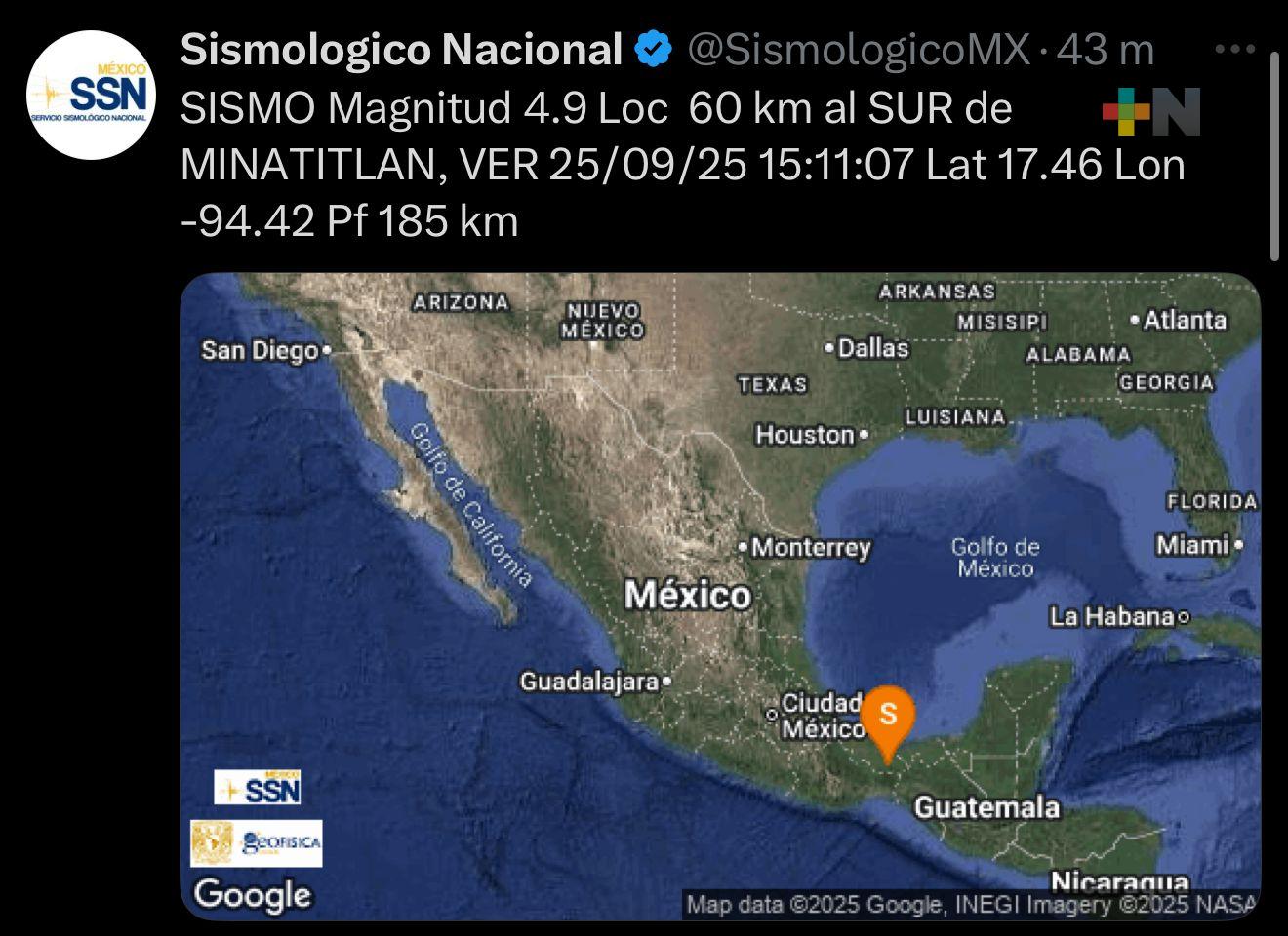 Un sismo de magnitud 4.9 se registró la tarde de este jueves al sur de Minatitlán