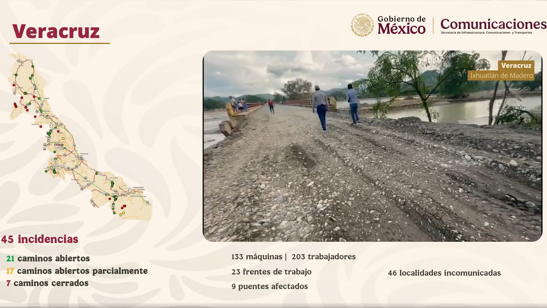 Ya hay 21 caminos abiertos en zona norte de Veracruz: SICT