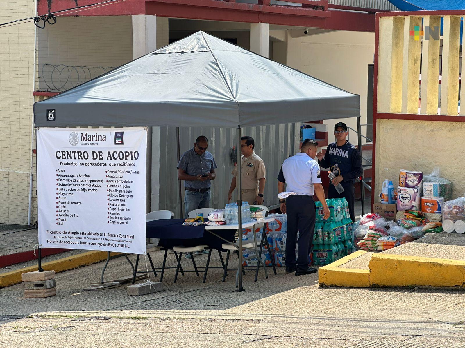 En Coatzacoalcos, Marina instala tres puntos de acopio de víveres