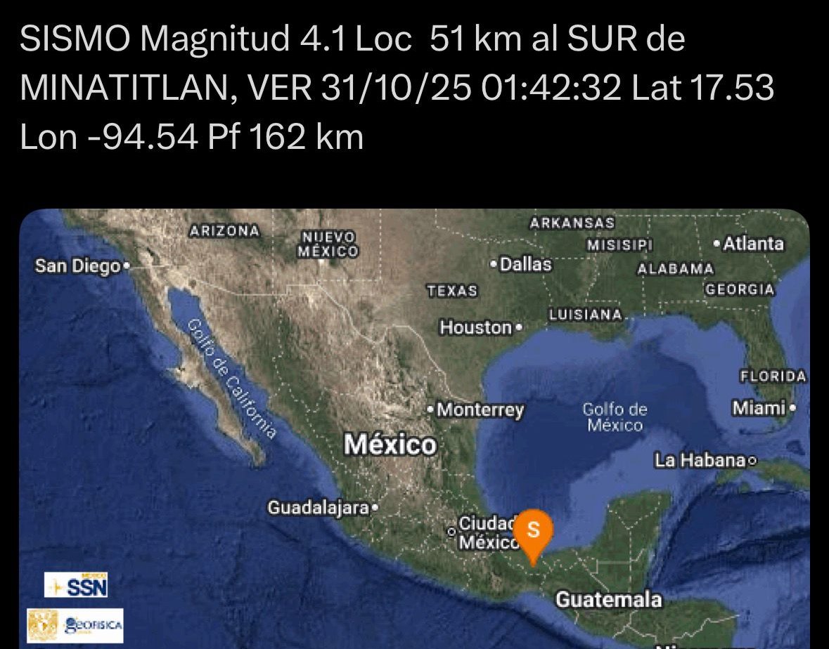 Reportan sismo de de 4.1 en municipio de Minatitlán