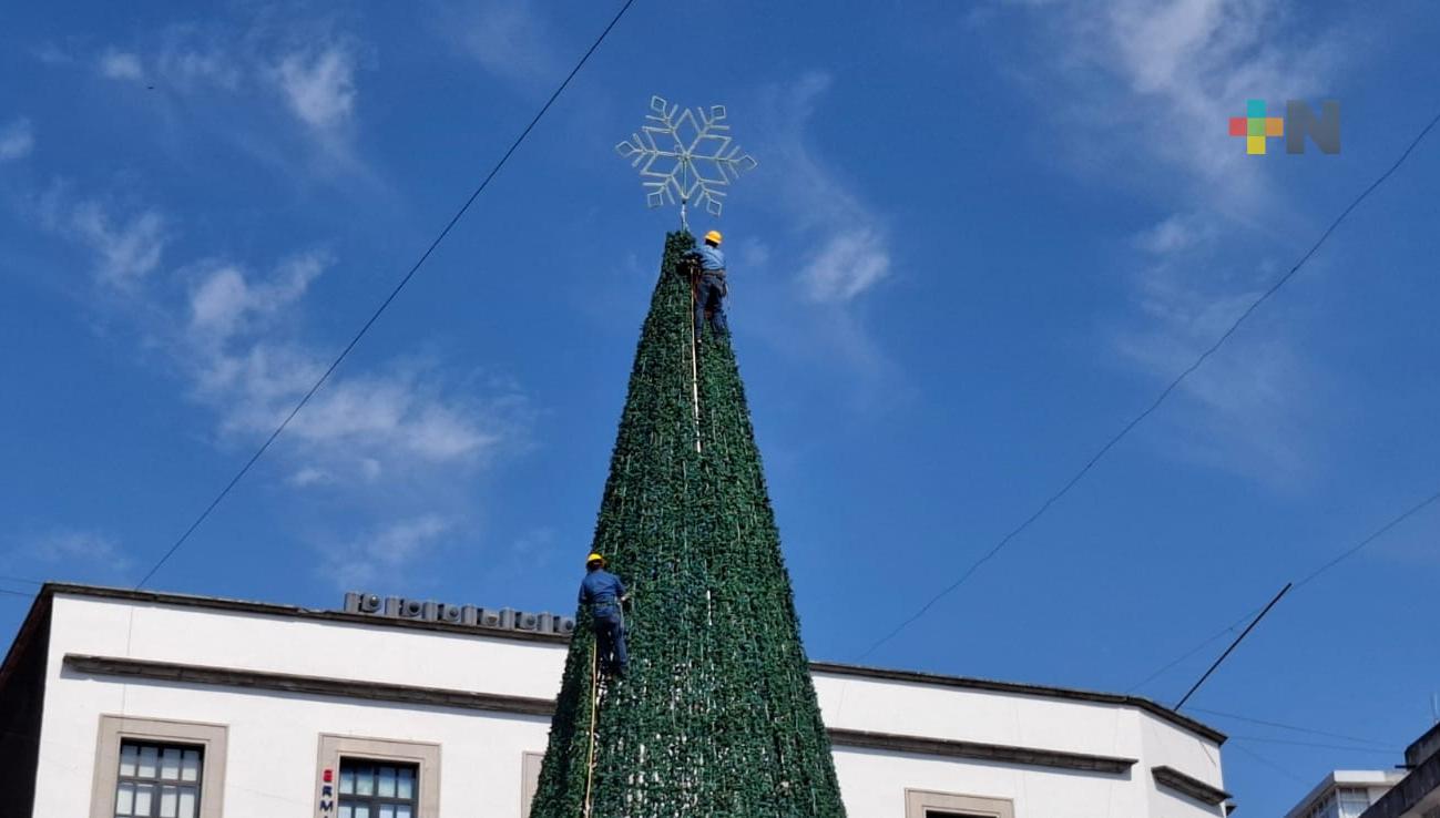 Instalan pino de Navidad en plaza Lerdo de Xalapa