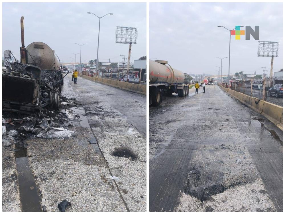 Tráiler se incendió en puente Joroba de Coatzacoalcos