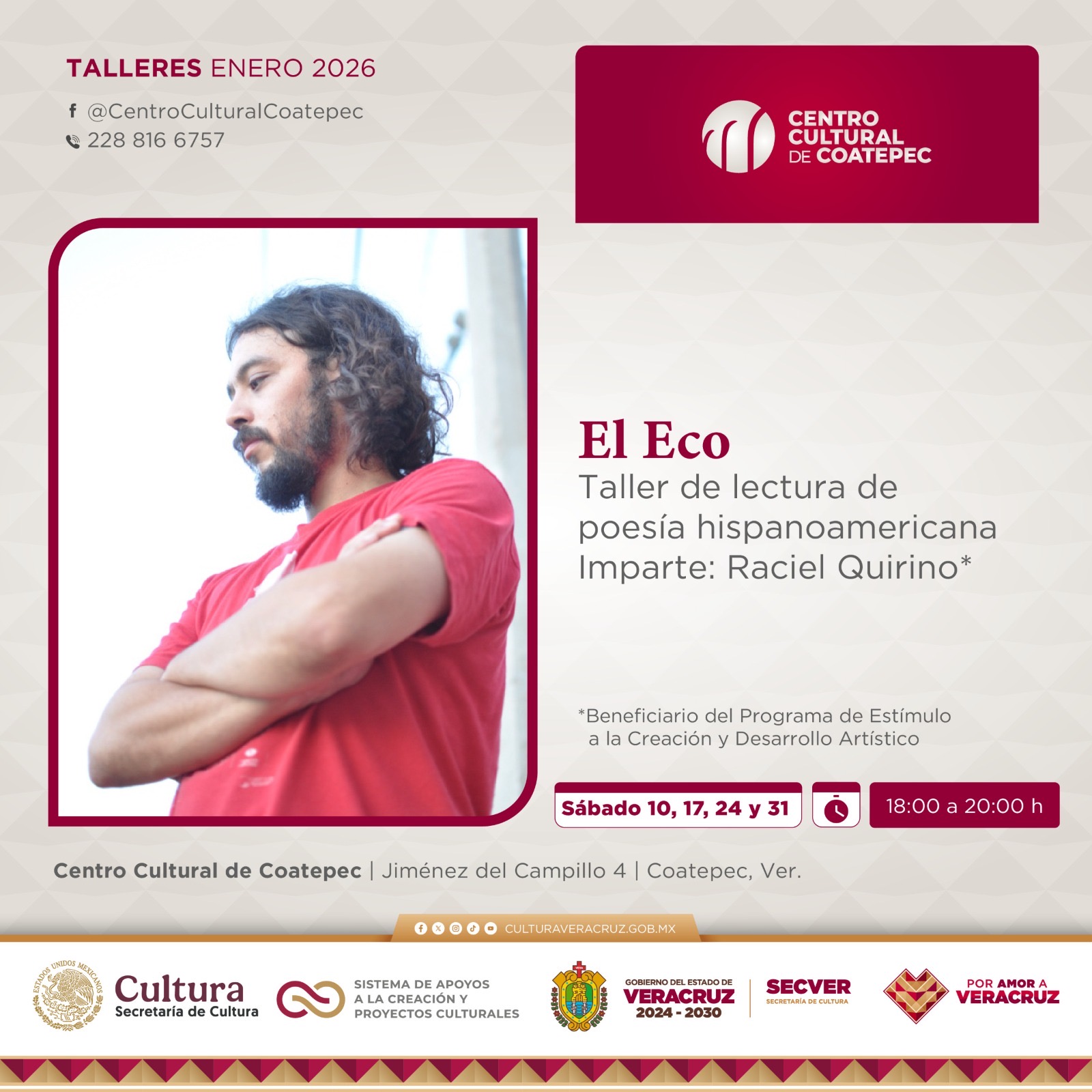 SECVER invita a taller de lectura de poesía hispanoamericana El Eco en el Centro Cultural Coatepec