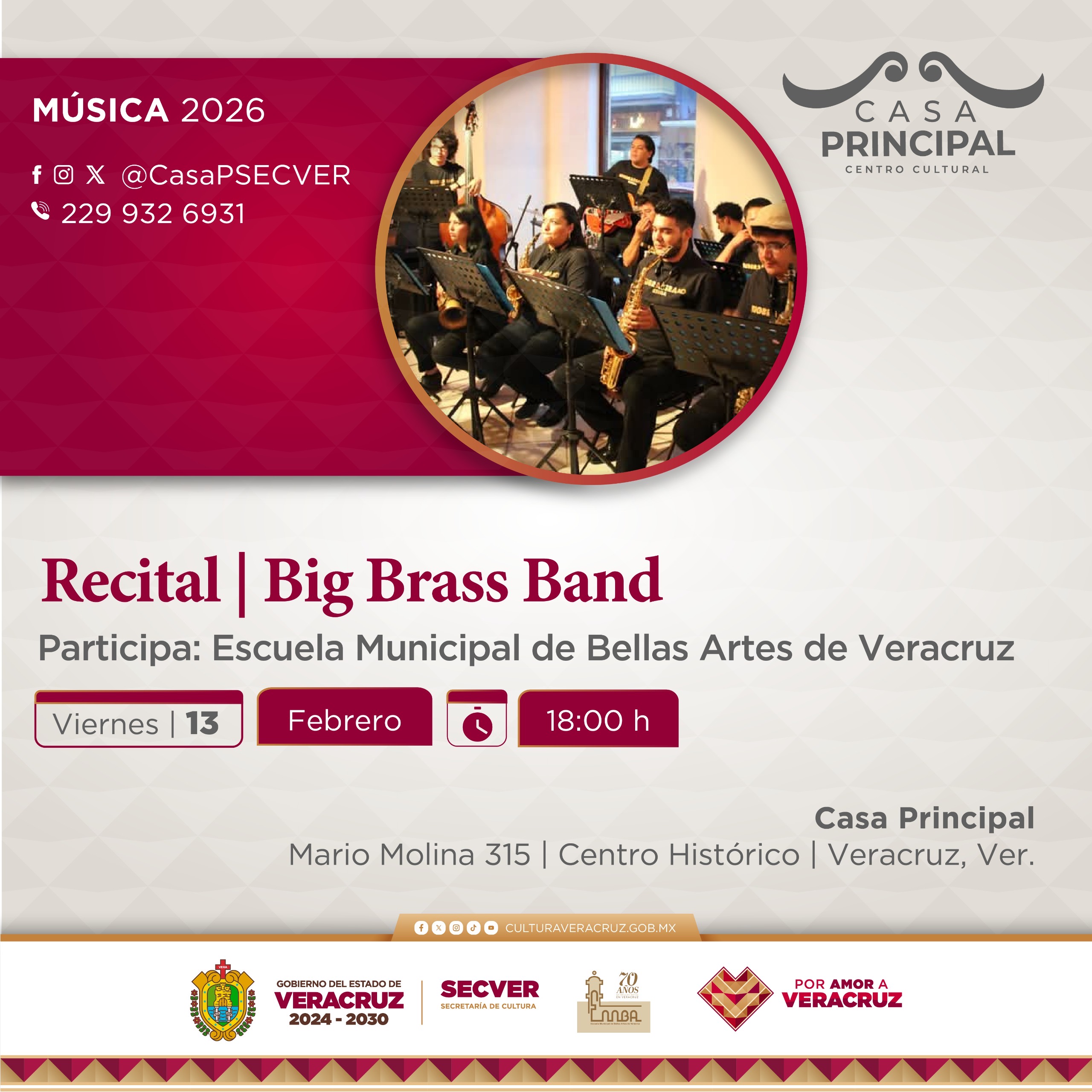 SECVER invita al recital de la Big Brass Band este viernes en Veracruz