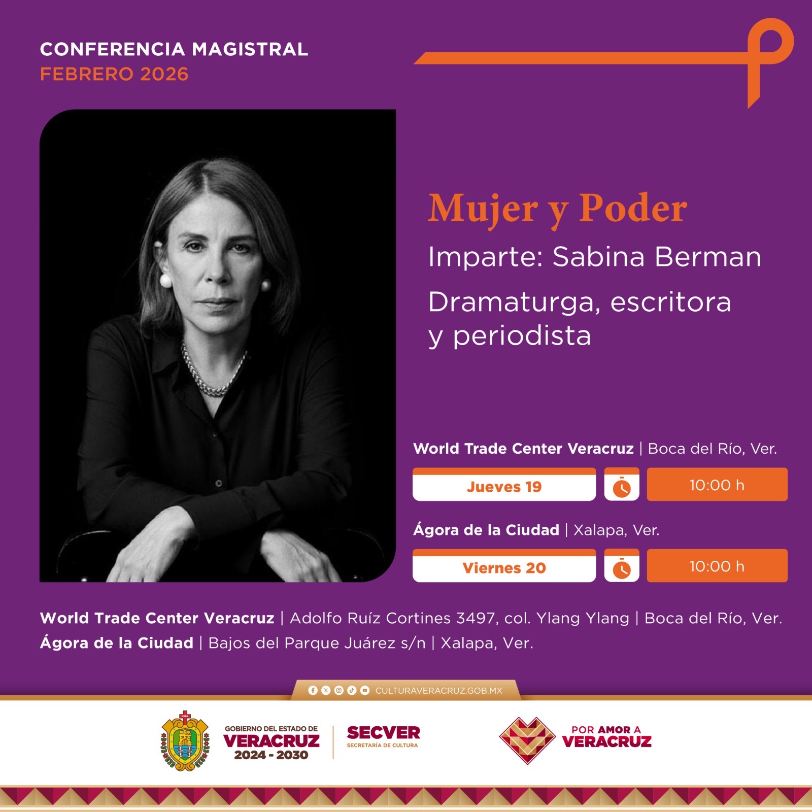 Invita SECVER a la conferencia magistral Mujer y Poder, impartida por Sabina Berman