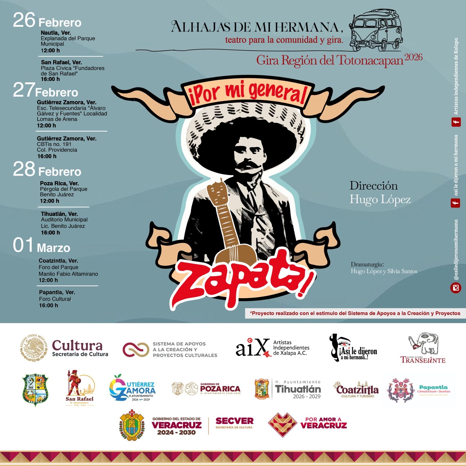 Invita SECVER a gira teatral ¡Por mi general Zapata! en la región del Totonacapan