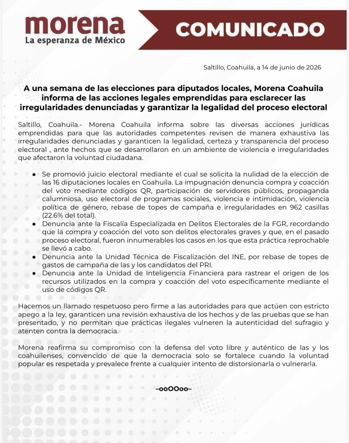 Morena solicita anular elección en Coahuila
