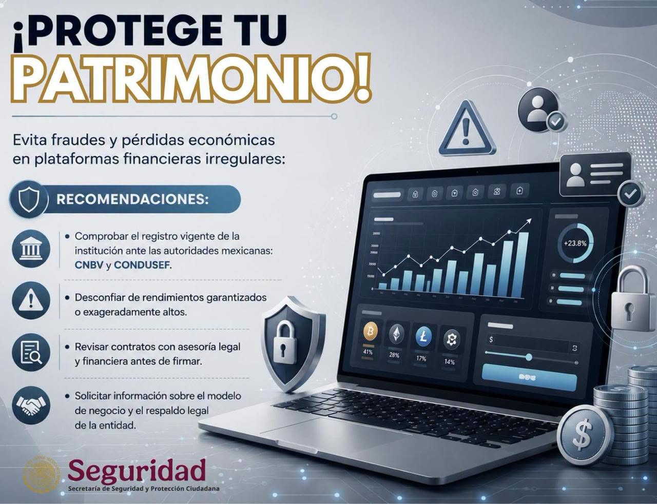 Emiten recomendaciones para prevenir fraudes en inversiones y plataformas financieras irregulares